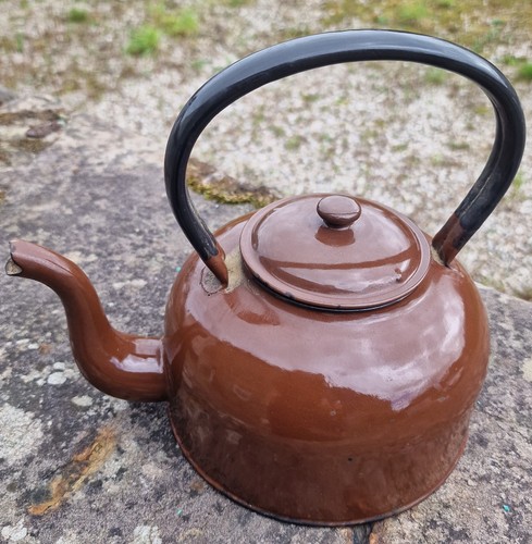 Vintage Brown Enamel Teapot, Enamelware with Black Loop Handle, Mid-Century (photo 2)