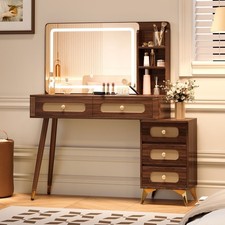 47" Vintage Makeup Vanity with Lights Mirror-5-Drawer Rattan Desk Storage Shelf
