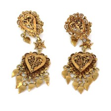 Double Hearts Filigree Heart Tassel 14k Yellow Gold Dangle Earrings