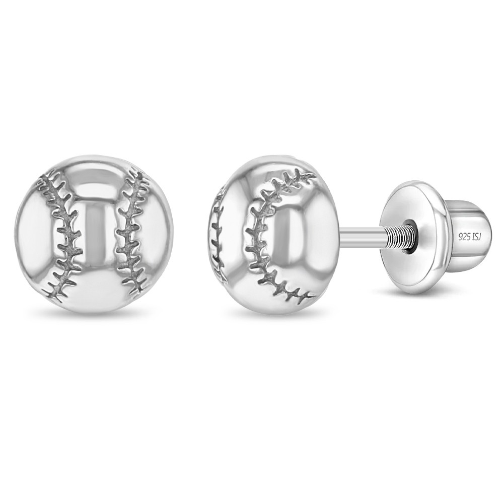 Sterling Silver Safety Screw Back Earrings Polished Baseball Kids