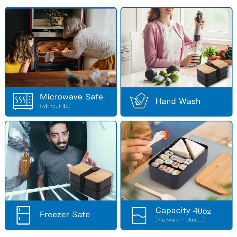 Japanese Bamboo Bento Box with Compartments and Utensils Stackable Lunch Box ... - Image 3 of 4