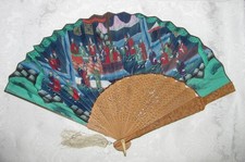 Antique Chinese Export Applied Faces Fan Carved Sticks Circa 1875