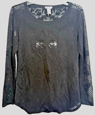 Cache Sz M Black Semi Sheer Burn Out Style Mesh Beaded Top Y2K Fairy