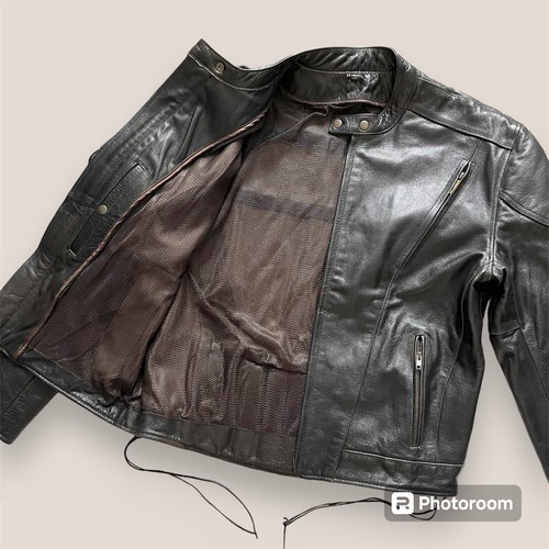 Vintage y2k Brown leather biker moto lace up jacket Size XL - Picture 3 of 8