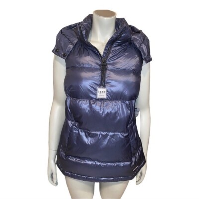 DKNY Sport Metallic Odyssey Blue Quarter-Zip Hooded Vest Women's Small NWT