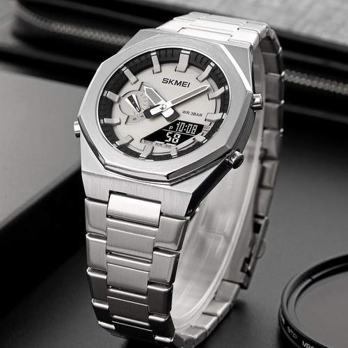 Classic Men Digital Analog Watch Waterproof Date Stainless Steel Strap Watch - Picture 6 of 22
