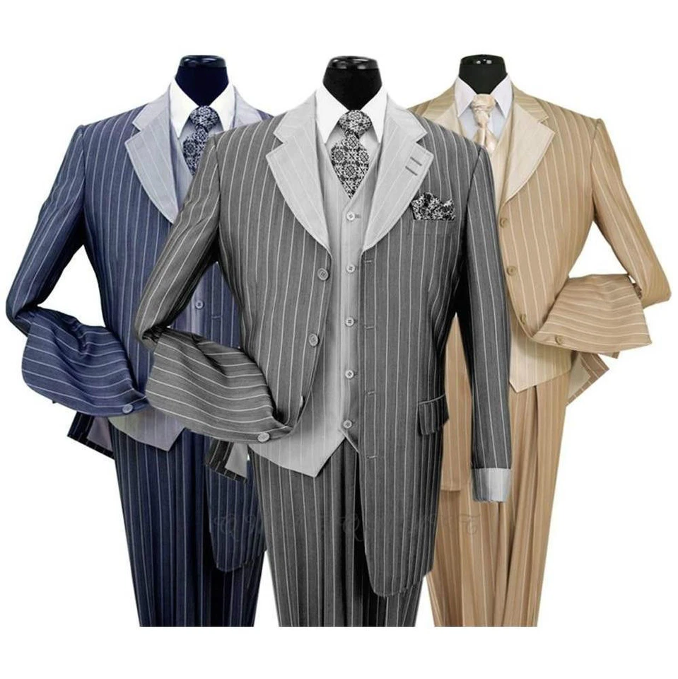 Traje de cuatro botones a rayas de alta moda con tacto de lana de lujo para hombre con chaleco #2911 Foto 3 de 4
