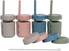 WeeSprout  4 Glass Cups 8oz. with Lids  Straws, Spill-Resistant  Toddler/KIds