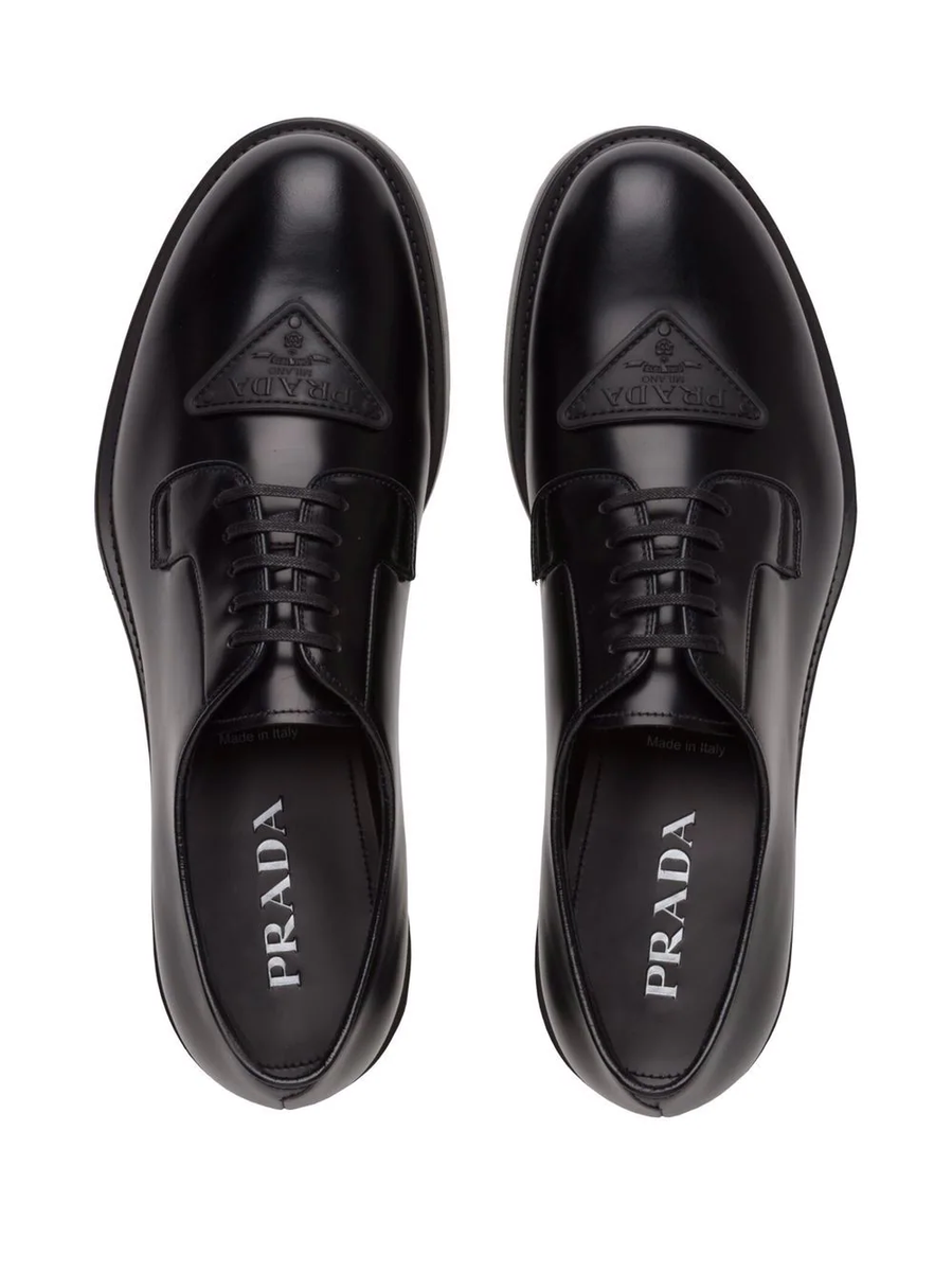 Prada Black Brushed Leather Triangle Logo Derby Loafer Lace 