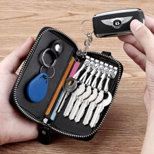Mens Womens Real Leather Key Case Car Key Holder Keychain Zipper Pouch Key Chain