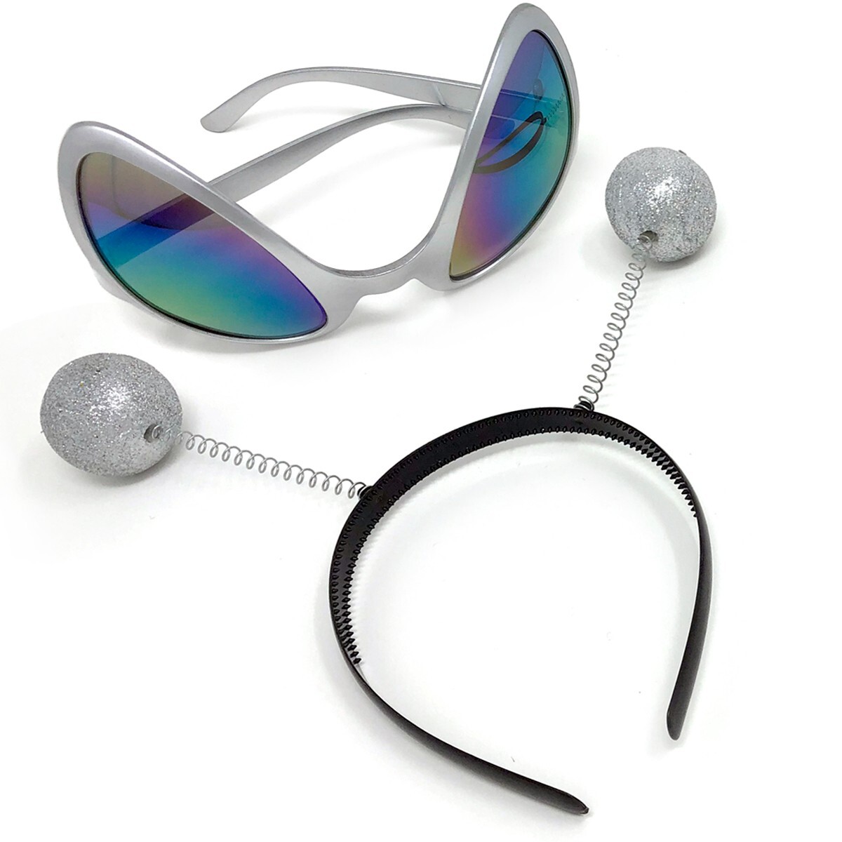 Cosplay Alien Gear Silver Alien Headband & Glasses Set - Martian Antenna Costume Accessories For Parties Silver Martian Antenna Headband And Glasses Space Theme Set