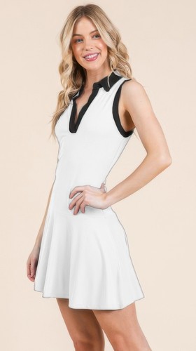 Women Sleeveless Tennis Golf Dress Contrast Collar Drop Waist Sport Mini Dress - Picture 2 of 3