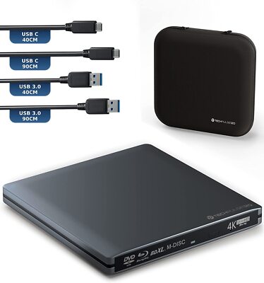 techPulse120 Extern USB 3.1 UHD 4K M-DISC 100 GB USB-C Alu Blu-ray Brenner Grau