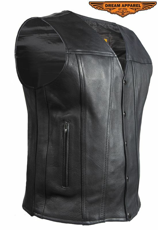 Classic Leather Black Motorcycle Club Vest with Gun Pockets Split