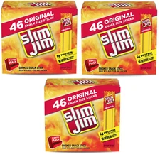 3 Pack Slim Jim Snack-Sized Smoked Meat Stick Original Flavor 0.28 Oz 46 CT New
