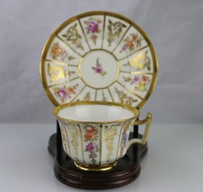 Antique Meissen Floral Flower Demitasse Cup  Saucer Set w/ Display Stand