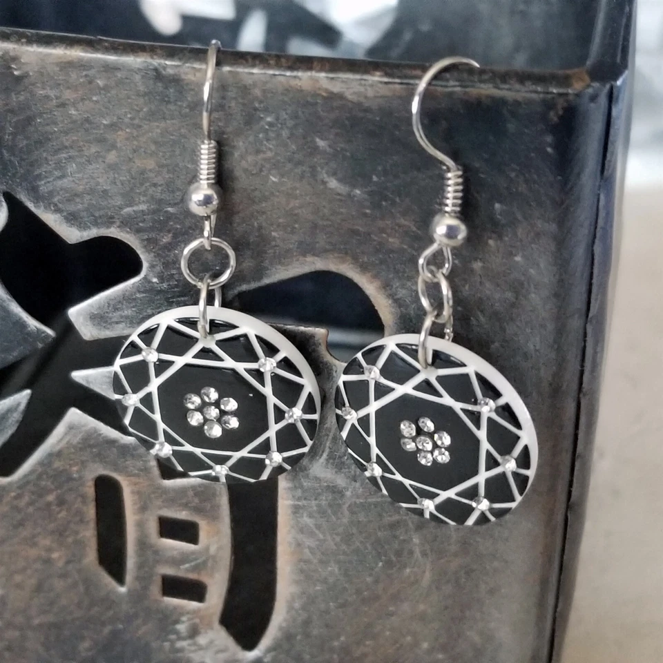 Retro White Black Lucite Austrian Crystal Circle Geometric Dangle Earrings - Image 3 of 4