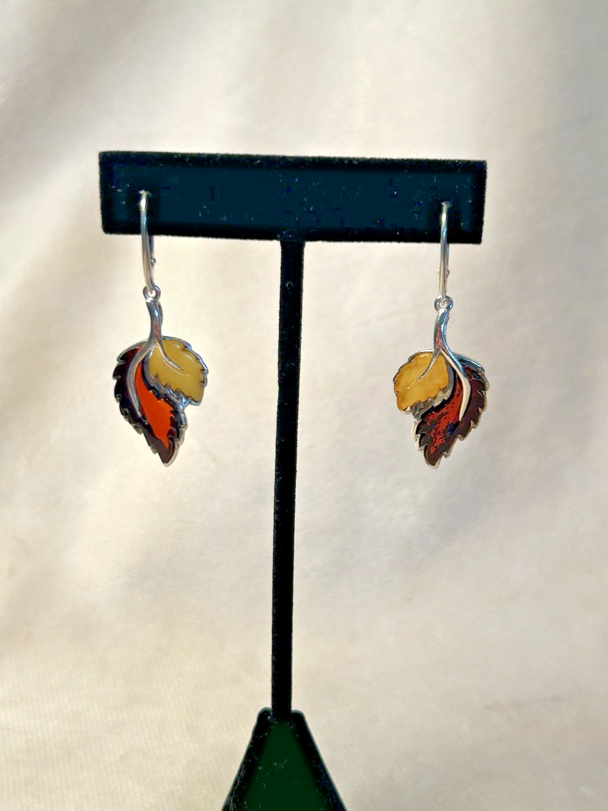 Amber Leaf Sterling Silver Dangle Drop Leverback … - image 4