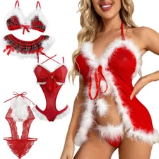 Ladies Christmas Fuzzy Trim Teddy Bodysuit Sexy Lingerie Red Nightgown Sleepwear