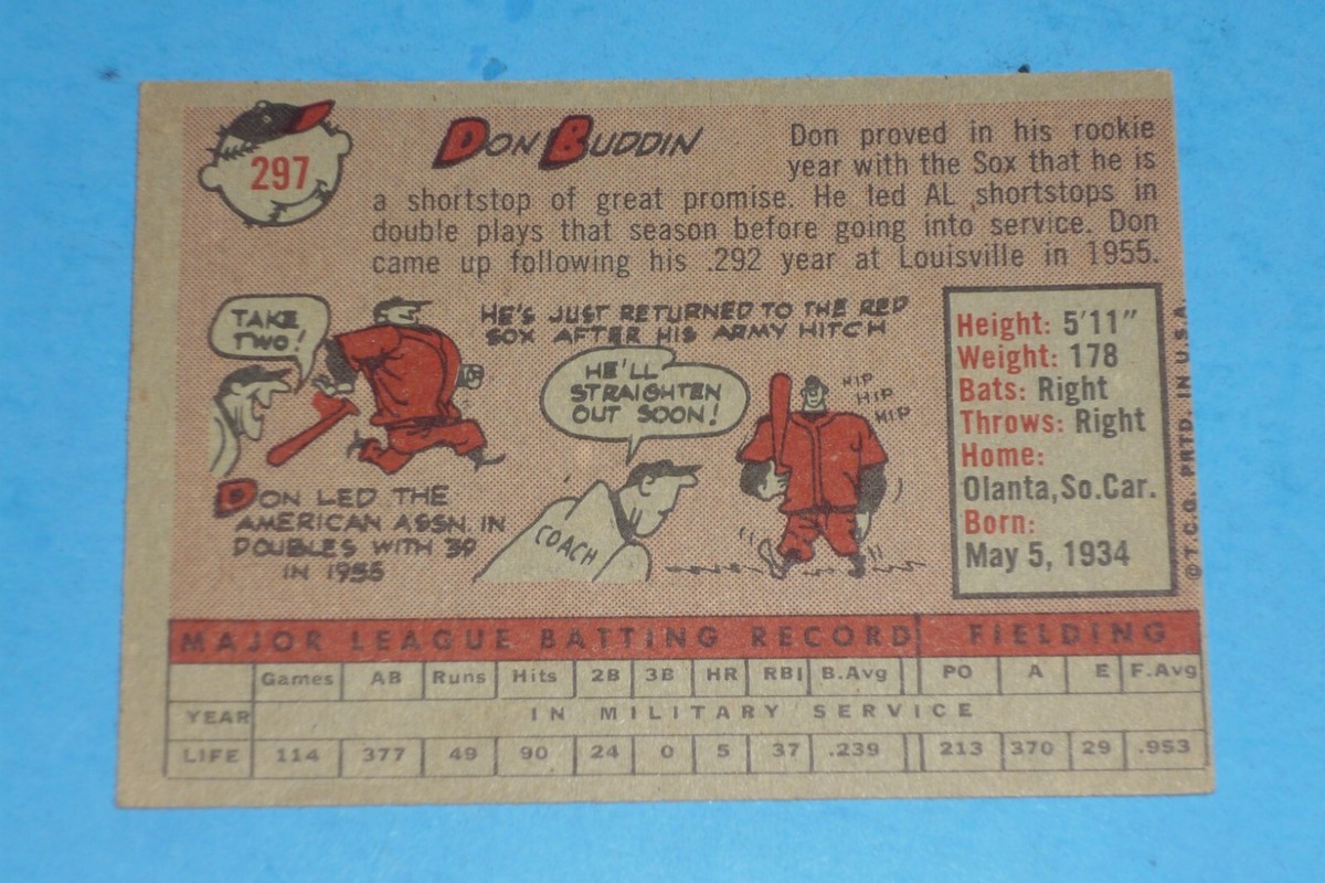 DON BUDDIN - BOSTON RED SOX SHORTSTOP - 1958 TOPPS BASEBALL CARD