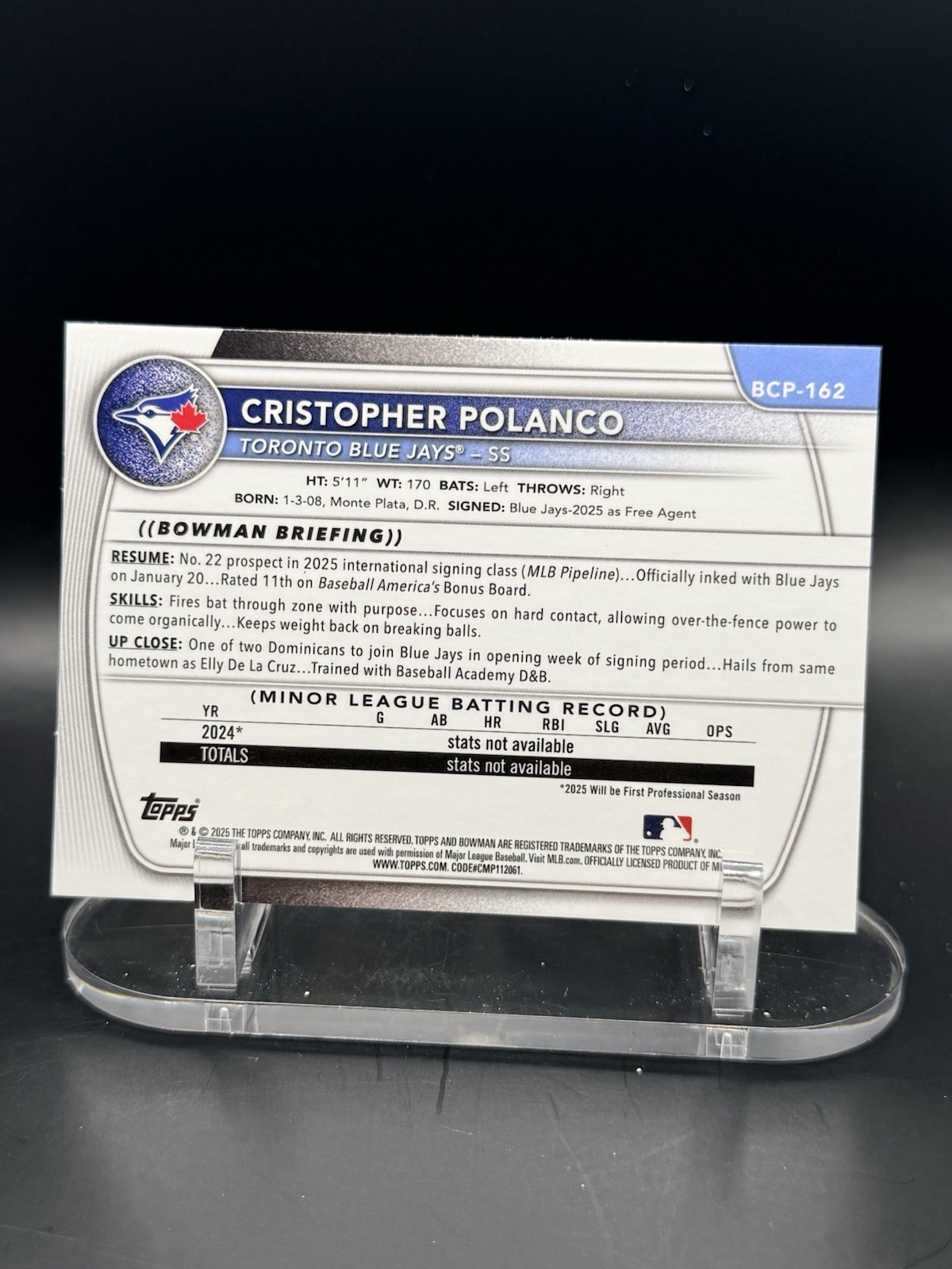 2025 Bowman Chrome - Prospects Cristopher Polanco Purple Pulsar 173/250 view 2
