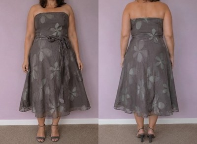 JOHN ROCHA strapless dress, UK 14, flared skirt, taupe/floral, belt BNWT