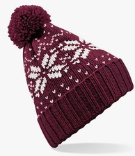 Image of BEECHFIELD FAIR ISLE SNOWSTAR SNOWFLAKE CHRISTMAS BEANIE BOBBLE HAT BURGUNDY