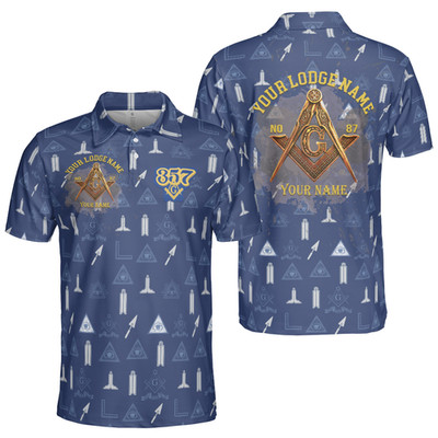 Custom Lodge Emblem Seamless Square and Compasses Blue Freemason 3D Men's Polo S