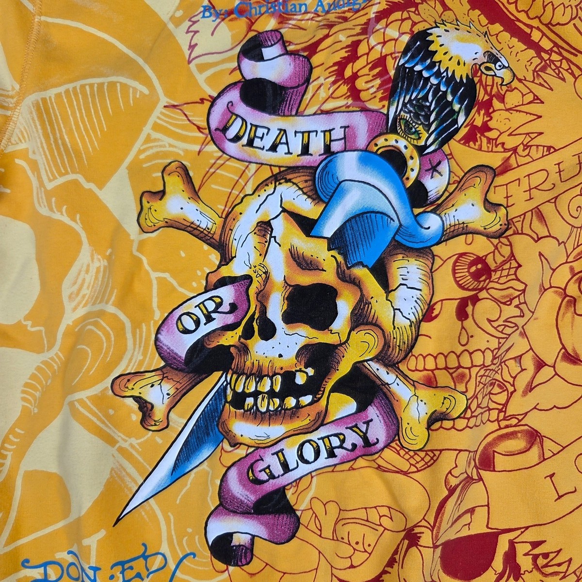Ed Hardy Christian Audigier Yellow Tattoo Print Zip Hoodie Death