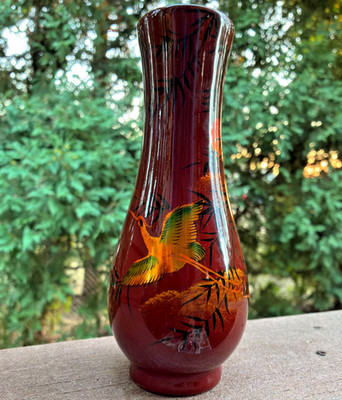 Asian Red Lacquer Wooden Bud Vase 8''H Hand-Painted Gold Stork/Cane Bamboo Design