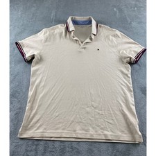 Tommy Hilfiger Mens Polo Shirt Tan Beige Striped Trim Cotton Size L Short Sleeve