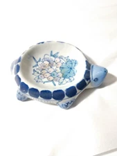 Vintage Pier 1 Ceramic Turtle SMALL Trinket Dish Blue Floral
