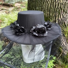 Black Wide Brim Floral Veil Hat - Gothic, Victorian ,Mourning Costume