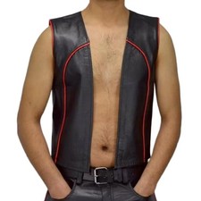 Men Real Leather Bartender Vest Cowhide Bar Waistcoat Open Front Vintage Style