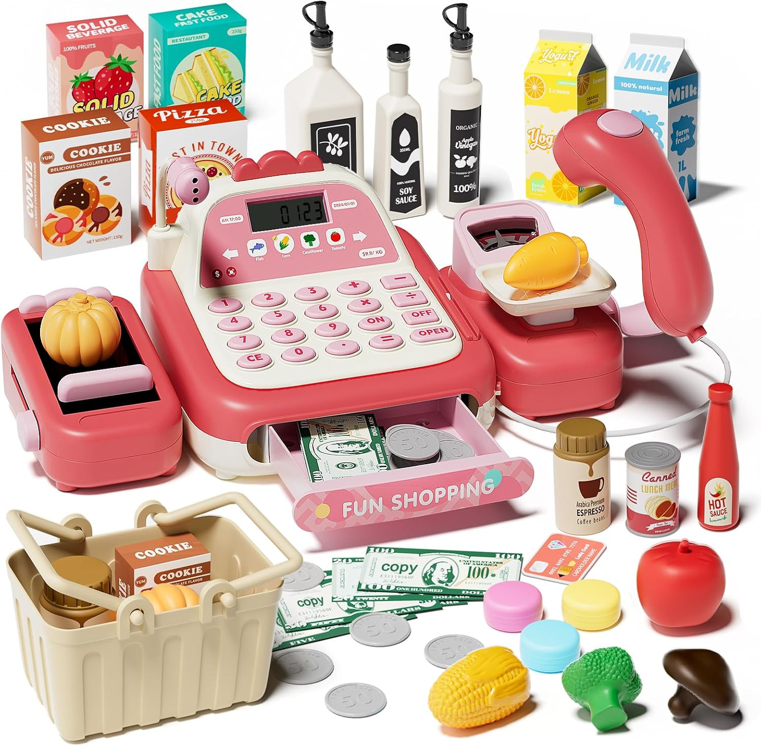 как выглядит 49PCS Kids Cash Register Toy Set with Calculator, Scanner, Microphone, Pink фото