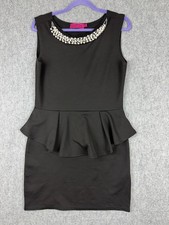 Boohoo Black Peplum Bodycon Dress with Pearl Embellished Neckline UK 14