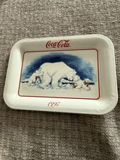 Vintage 1997 Coca-Cola White Mini Metal Tin Tray With The Polar Bear & Cubs 1997