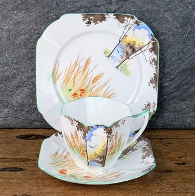 Shelley Art Deco Corn & Poppies 11874 Queen Anne Form Porzellan Teetasse Trio AF