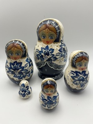 Sergey 5pc Russian Matryoshka Nesting Dolls Blue White Floral Gzhel 1 damaged
