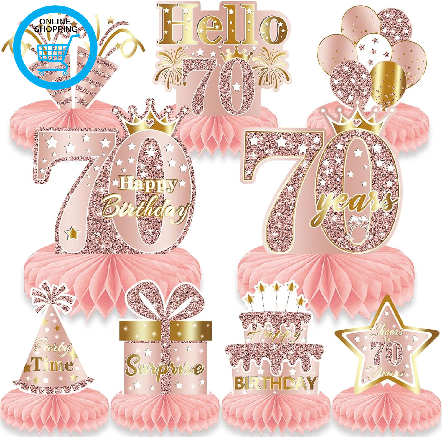 70Th Birthday Table Decorations,  9PCS Rose Gold Honeycomb Centerpieces, Cheers
