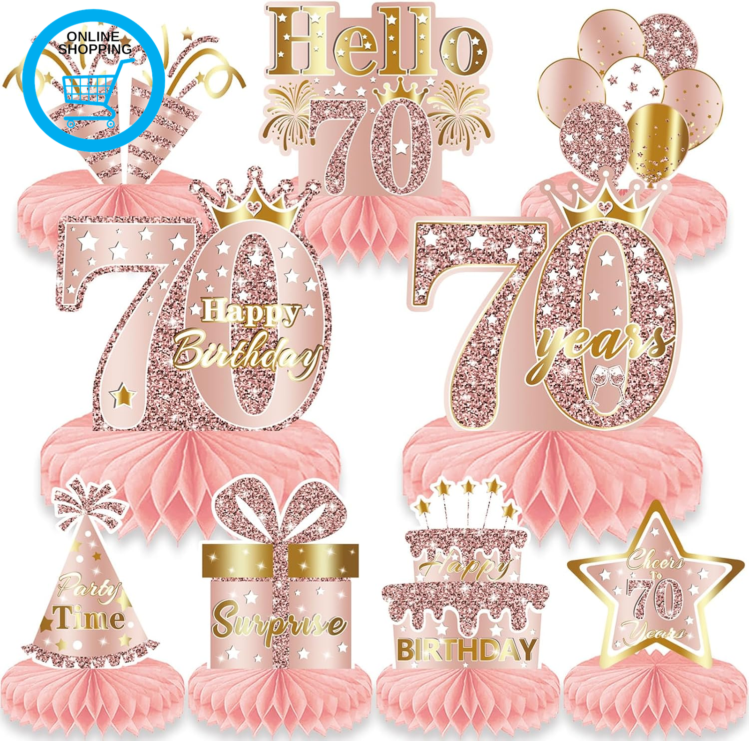 70Th Birthday Table Decorations,  9PCS Rose Gold Honeycomb Centerpieces, Cheers