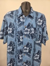 VTG Island Shores Hawaiian Shirt Mens Large Blue Floral Aloha Pocket Casual