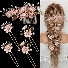 5 Pieces Bridal Flower Wedding Hair Pins Crystal Pearl Hair Combs Clips Headpiec