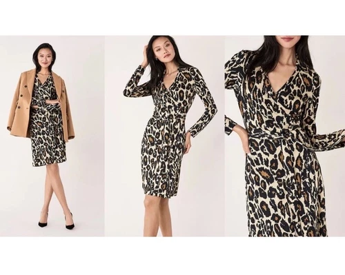 2 $498 DVF Diane von Furstenberg JEANNE Leopard CAT SAND Silk Jersey Wrap Dress - Picture 3 of 15