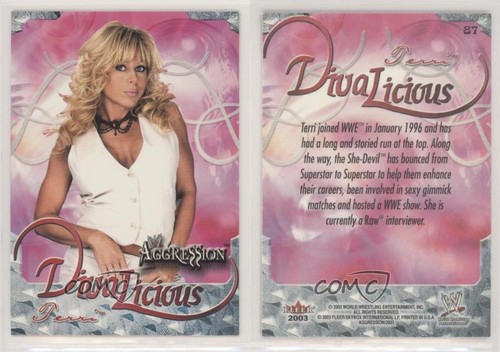2003 Fleer WWE Aggression Terri Runnels #87 card with pink/purple background, wrestler image, and WWE logo.