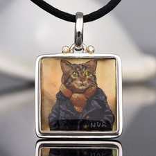 Coquette Cat Pendant Painted Mother of Pearl 18K Gold 925 Silver Diamond Rhodium