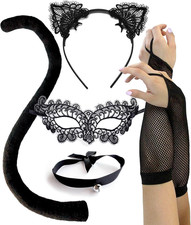 Black Cat Costume for Women, Halloween Masquerade Mask, Lace Ears, Gloves, Tail,