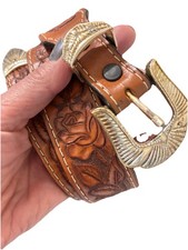 Vtg Western Rose Hand Tooled Carved Brown Leather Belt Line Dance Country Rodeo