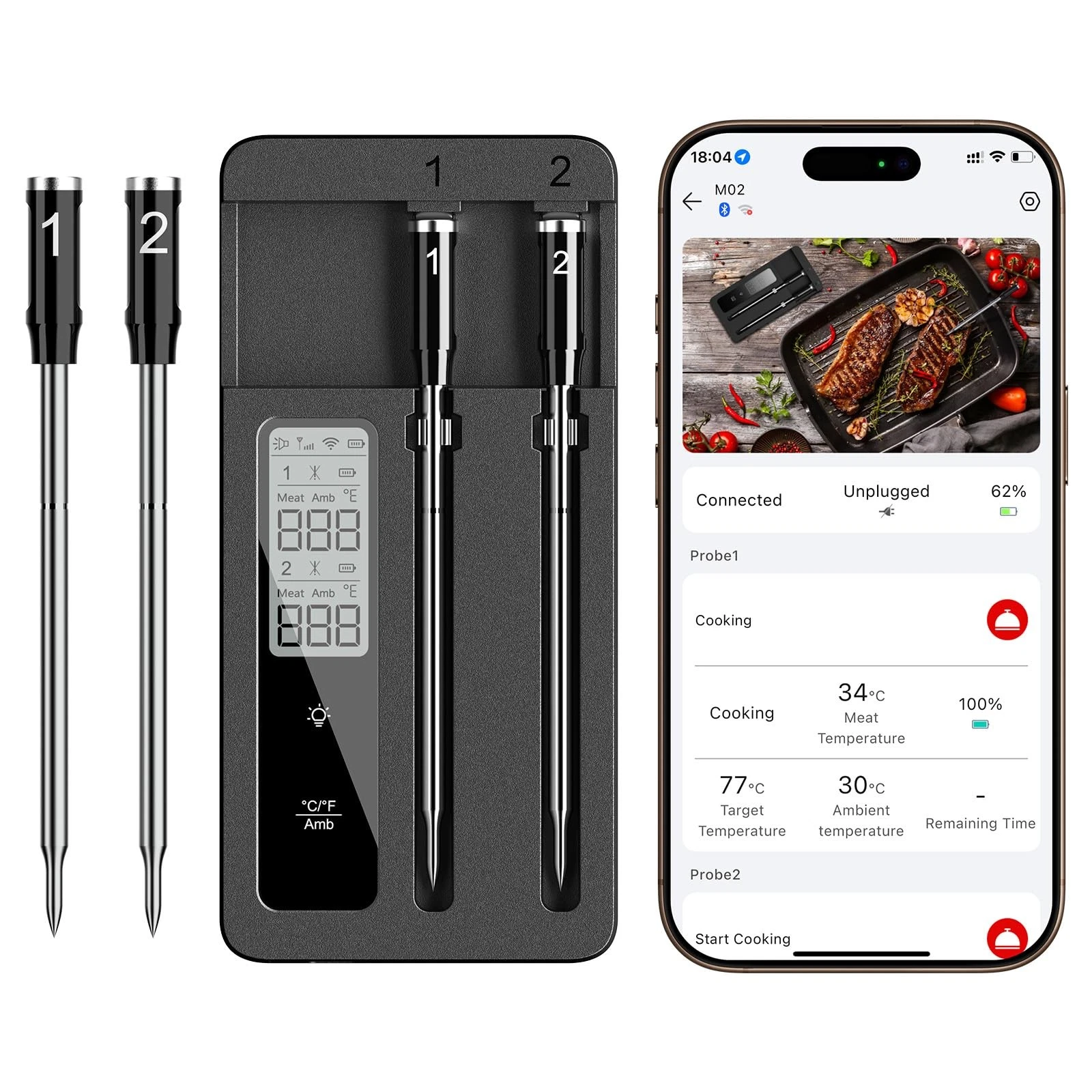Smart Wireless Meat Thermometer with Dual Probes, Bluetooth & WiFi Combo, Hig...
