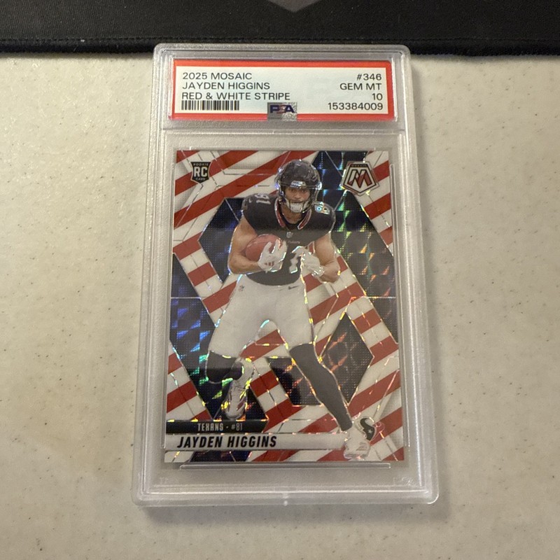 2025 Mosaic Jayden Higgins Red & White Stripe Rookie #346 PSA 10 Texans